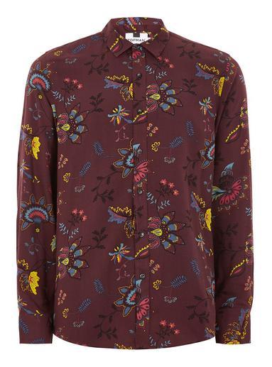Topman Mens Red Burgundy Floral Long Sleeve Shirt