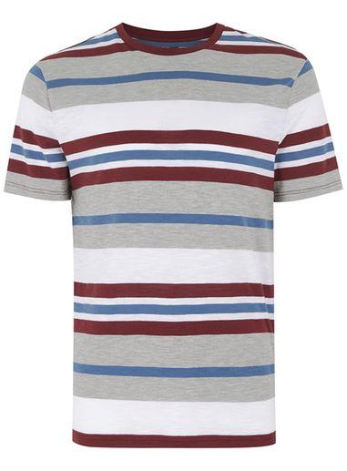 Topman Mens Red Burgundy And Navy Stripe T-shirt