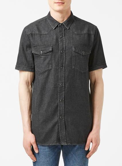 Topman Mens Washed Black Western Short Sleeve Casual Shirt