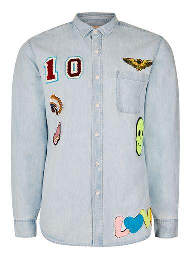 Topman Mens Blue Ice Wash Denim Badged Shirt