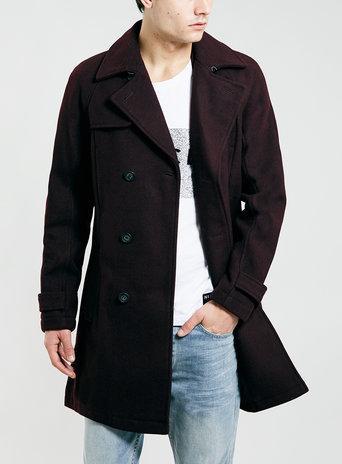 Topman Mens Red Burgundy Belted Wool Blend Trench Coat
