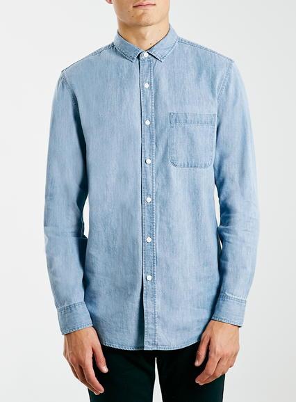 Topman Mens Light Blue Denim Long Sleeve Casual Shirt
