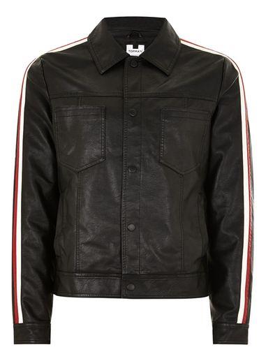 Topman Mens Black Side Stripe Faux Leather Jacket