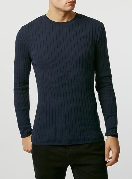 Topman Mens Blue Navy Rib Crew Neck Sweater