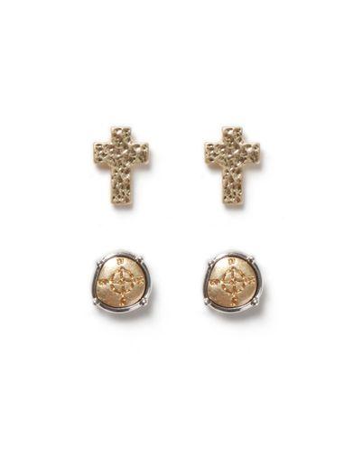 Topman Mens Multi Gold Look Compass And Cross Stud Earrings*
