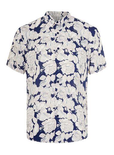 Topman Mens Blue Cream And Navy Floral Print Viscose Short Sleeve Casual Shirt