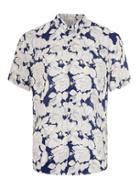 Topman Mens Blue Cream And Navy Floral Print Viscose Short Sleeve Casual Shirt