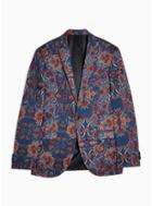 Topman Mens Multi Blue And Brown Floral Super Skinny Fit Single Breasted Blazer With Notch Lapels
