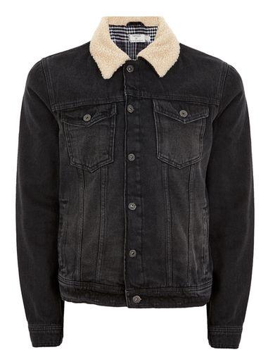 Topman Mens Blue Black Faux Shearling Collar Jacket