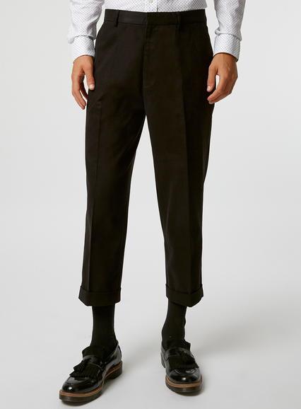 Topman Mens Black Cotton Twill Wide Leg Cropped Pants With Turn Up