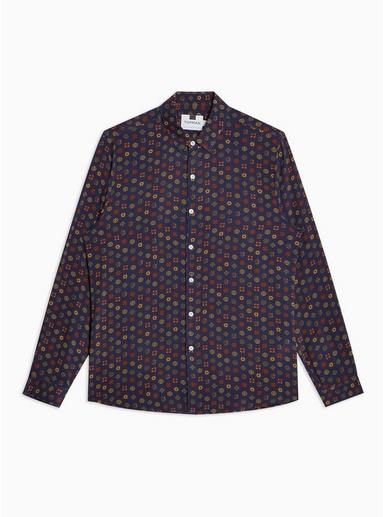 Topman Mens Orange Navy Geometric Print Slim Shirt