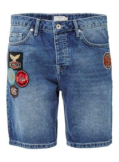 Topman Mens Blue Badge Slim Denim Shorts