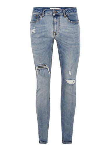 Topman Mens Blue Light Wash Ripped Spray On Jeans
