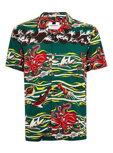 Topman Mens Blue Teal Octopus Short Sleeve Shirt