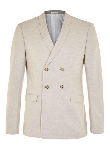 Topman Mens Beige Stone Linen Mix Double Breasted Suit Jacket