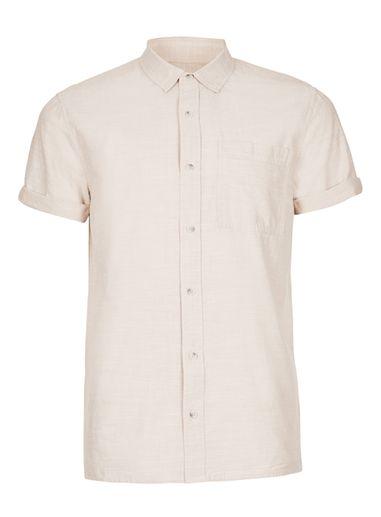 Topman Mens Beige Stone Slub Cotton Short Sleeve Casual Shirt
