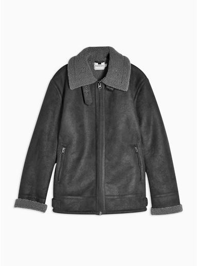 Topman Mens Mid Grey Grey Faux Shearling Aviator Jacket