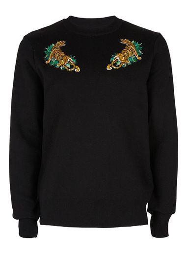 Topman Mens Black Tiger Embroidered Sweater