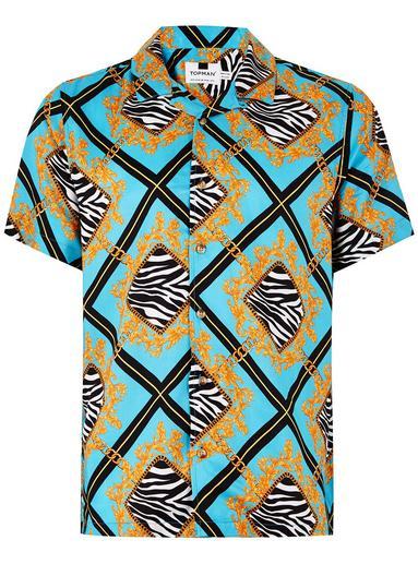 Topman Mens Blue Leopard Baroque Short Sleeve Shirt