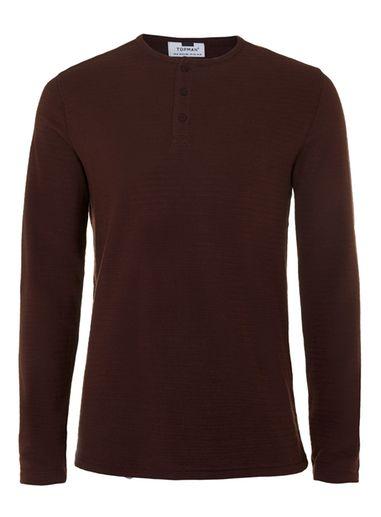 Topman Mens Brown Waffle Textured Grandad Collar Long Sleeve T-shirt