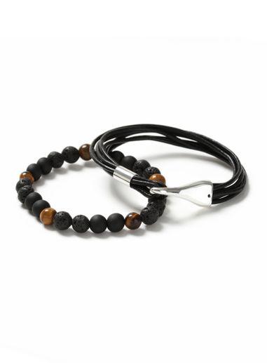 Topman Mens Black Beaded Leather Bracelet 2 Pack*