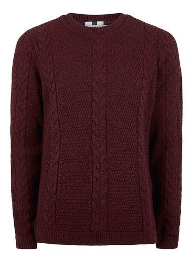 Topman Mens Red Burgundy And Black Slim Fit Cable Knit Sweater