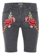 Topman Mens Grey Gray Rose Embroidery Denim Shorts