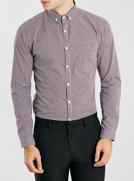 Topman Mens Red Burgundy Long Sleeve Gingham Slim Smart Shirt