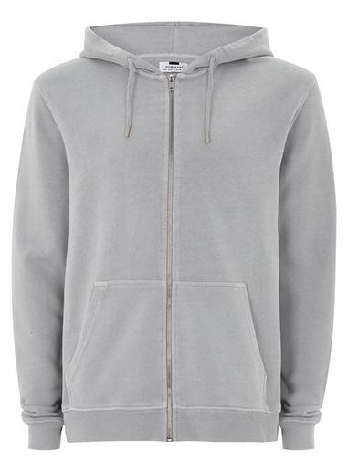 Topman Mens Grey Gray Wash Zip Through Hoodie