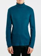 Topman Mens Blue Thin Rib Roll Neck Sweater