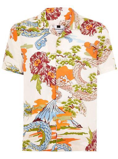 Topman Mens White Dragon Short Sleeve Shirt
