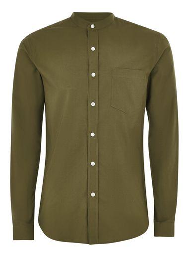 Topman Mens Khaki Muscle Fit Stand Collar Oxford Shirt
