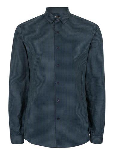 Topman Mens Green And Navy Gingham Stretch Skinny Fit Dress Shirt