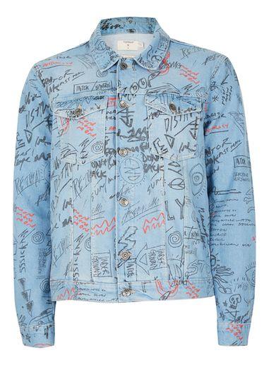Topman Mens Blue Doodle Print Denim Jacket