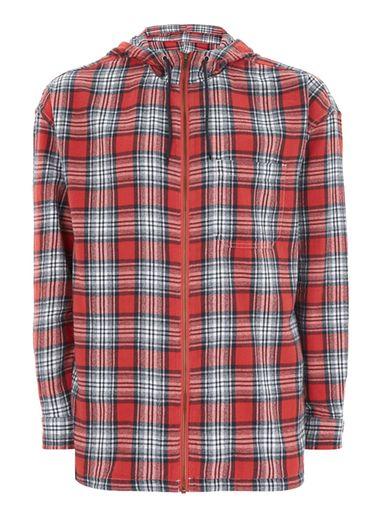 Topman Mens Red Check Hooded Shirt