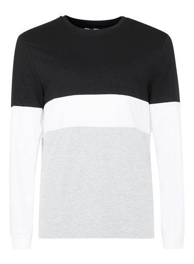 Topman Mens Mid Grey Grey, Black And White Panelled Long Sleeve T-shirt