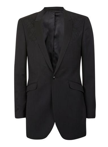 Topman Mens Black Embroidered Longline Skinny Fit Blazer