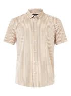 Topman Mens Brown Tan And White Bengal Stripe Short Sleeve Dress Shirt
