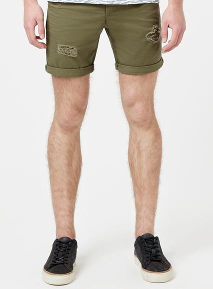 Topman Mens Khaki Distressed Skinny Chino Shorts
