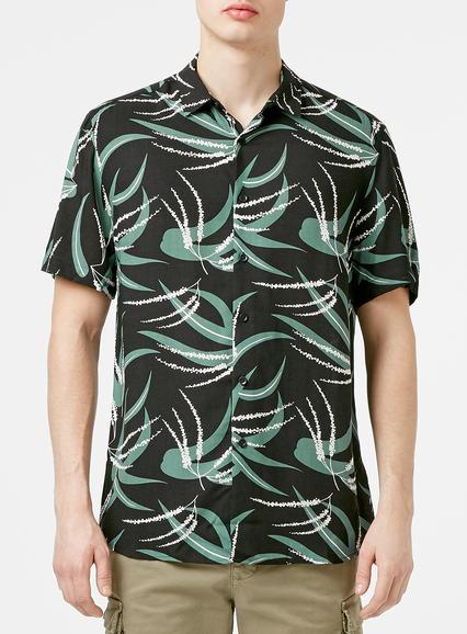 Topman Mens Black Tropical Leaf Print Short Sleeve Shirt