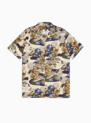Topman Mens Cream Ecru Japanese Fish Slim Shirt