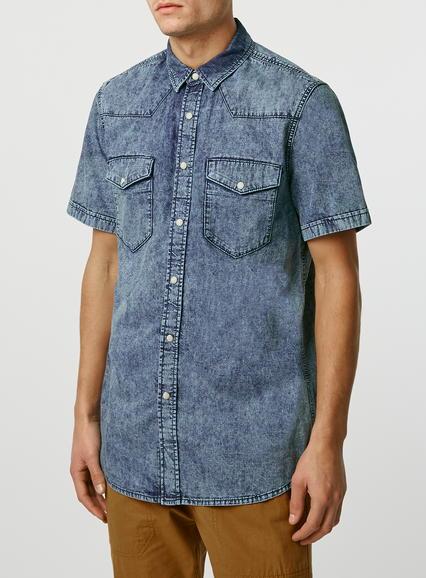 Topman Mens Blue Acid Wash Denim Western Short Sleeve Casual Shirt