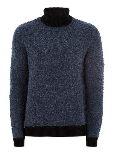 Topman Mens Blue Boucle Roll Neck Sweater