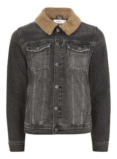 Topman Mens Black Borg Collar Denim Jacket