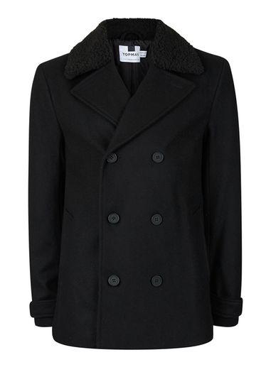 Topman Mens Black Borg Collar Peacoat