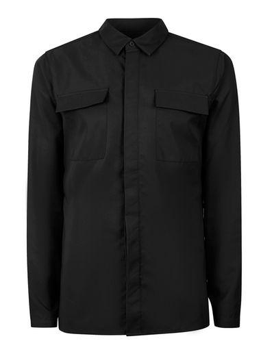 Topman Mens Black Tencel Military Style Dress Shirt