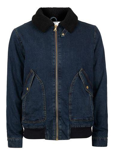 Topman Mens Blue Indigo Denim Faux Shearling Collar Flight Jacket
