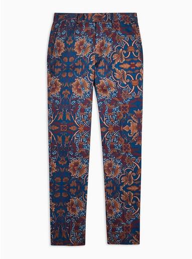 Topman Mens Multi Blue And Brown Floral Print Super Skinny Fit Suit Trousers