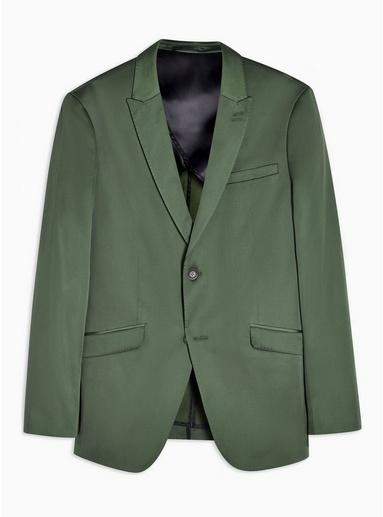 Topman Mens Khaki Slim Fit Single Breasted Sateen Blazer With Notch Lapels