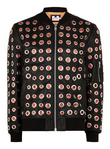 Topman Mens Black Leather Bomber Jacket